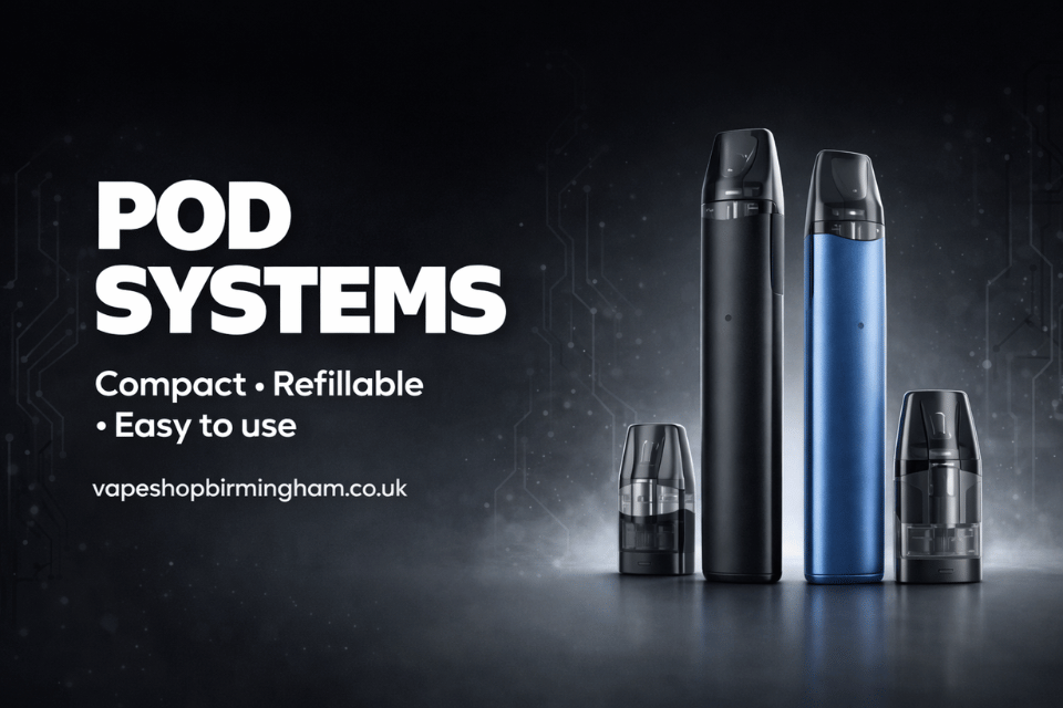 Pod Vape Kits in black and blue with pods collection