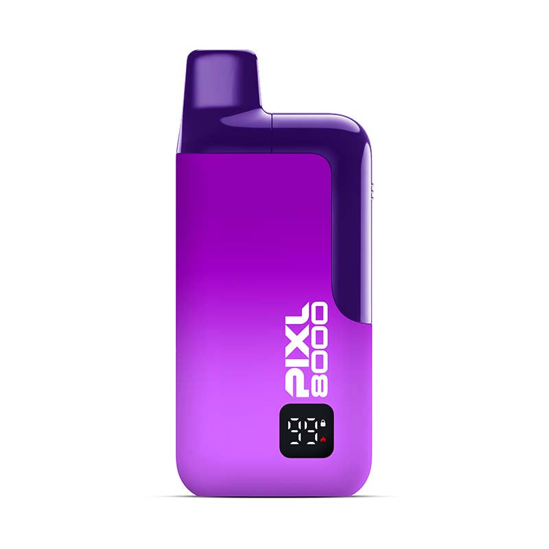 Purple vape device with 'Pixl 8000' branding on a white background