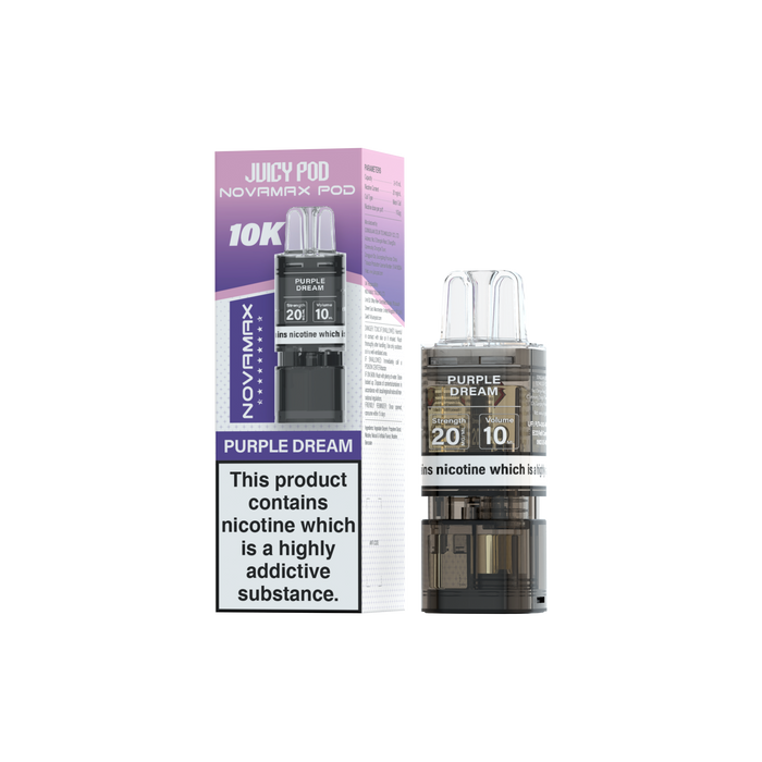 Juicy Pod Novamax pod for vape devices with packaging on a white background Purple Dream Flavour