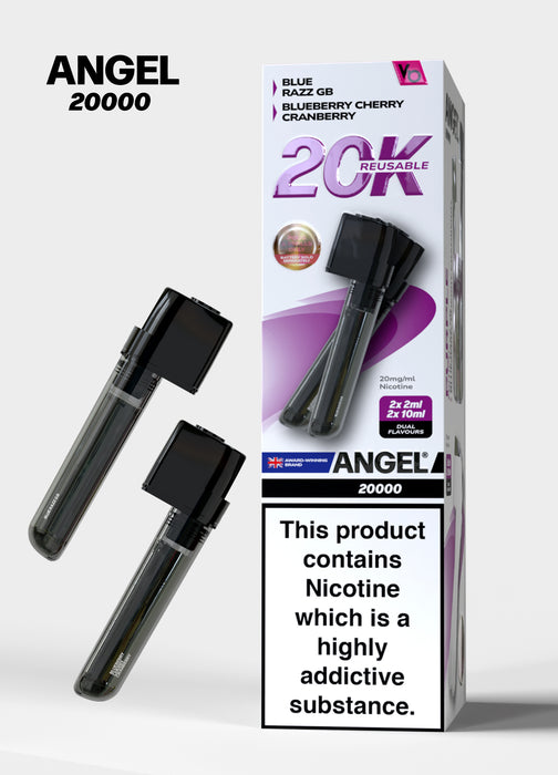 Purple Edition Packaging of Angel 20000 vape Pods with nicotine warning label on a white background