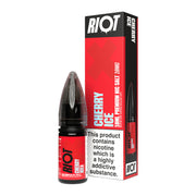 A 10ml bottle of Riot X Cherry Ice 10mg  e-liquid next to its retail packaging box, both featuring a red and black design with a prominent nicotine warning label.
