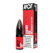 A 10ml bottle of Riot X Cherry Ice 20mg  e-liquid next to its retail packaging box, both featuring a red and black design with a prominent nicotine warning label.