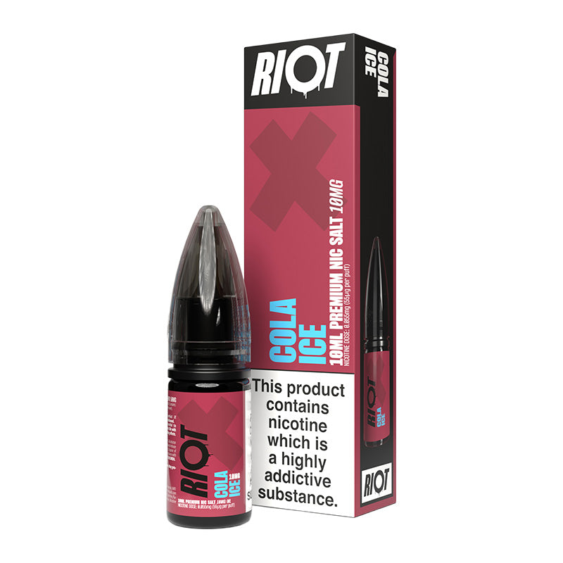 A 10ml bottle of Riot X Cola Ice 10mg  e-liquid next to its retail packaging box, both featuring a magenta and black design with a prominent nicotine warning label.