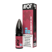 A 10ml bottle of Riot X Cola Ice 20mg  e-liquid next to its retail packaging box, both featuring a magenta and black design with a prominent nicotine warning label.