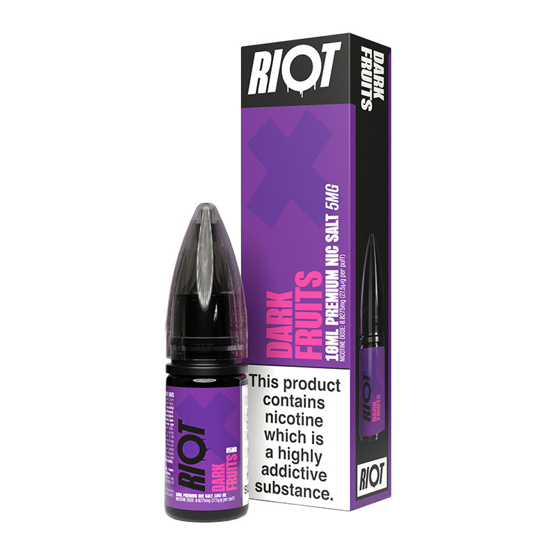 A 10ml bottle of Riot X Dark Fruits 5mg  e-liquid next to its retail packaging box, both featuring a purple and black design with a prominent nicotine warning label.