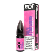 A 10ml bottle of Riot X Grape & Strawberry 20mg  e-liquid next to its retail packaging box, both featuring a pink and black design with a prominent nicotine warning label.