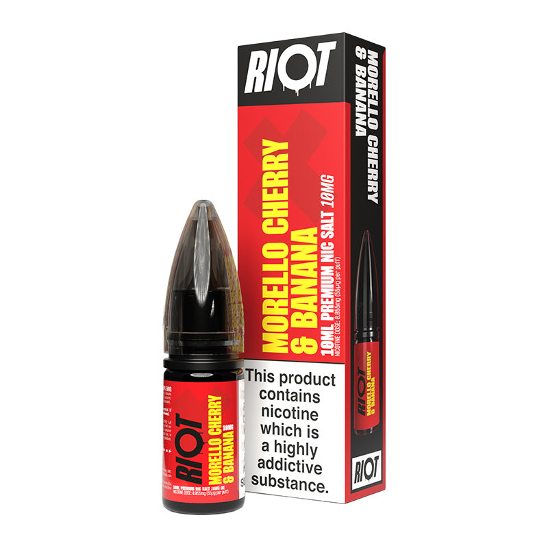 A 10ml bottle of Riot X Morello Cherry & Banana 10mg e-liquid next to its retail packaging box, both featuring a red and black design with a prominent nicotine warning label.