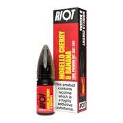 A 10ml bottle of Riot X Morello Cherry & Banana 5mg e-liquid next to its retail packaging box, both featuring a red and black design with a prominent nicotine warning label.