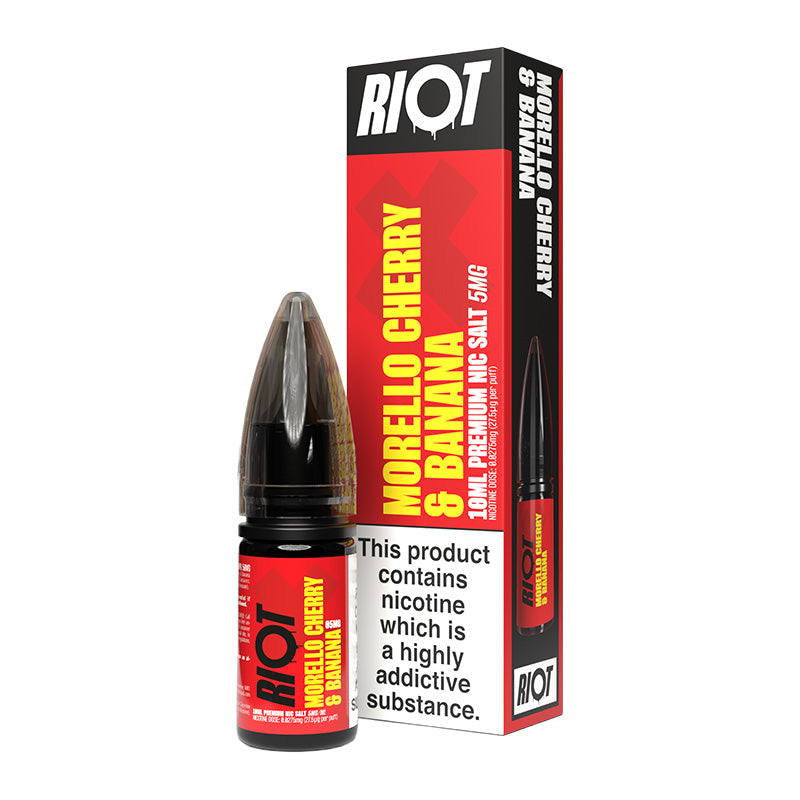 A 10ml bottle of Riot X Morello Cherry & Banana 5mg e-liquid next to its retail packaging box, both featuring a red and black design with a prominent nicotine warning label.