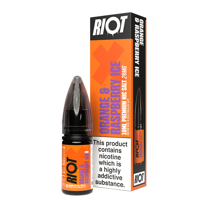 A 10ml bottle of Riot X Orange & Raspberry Ice 20mg  e-liquid next to its retail packaging box, both featuring a orange and black design with a prominent nicotine warning label.