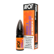 A 10ml bottle of Riot X Orange & Raspberry Ice 5mg  e-liquid next to its retail packaging box, both featuring a orange and black design with a prominent nicotine warning label.
