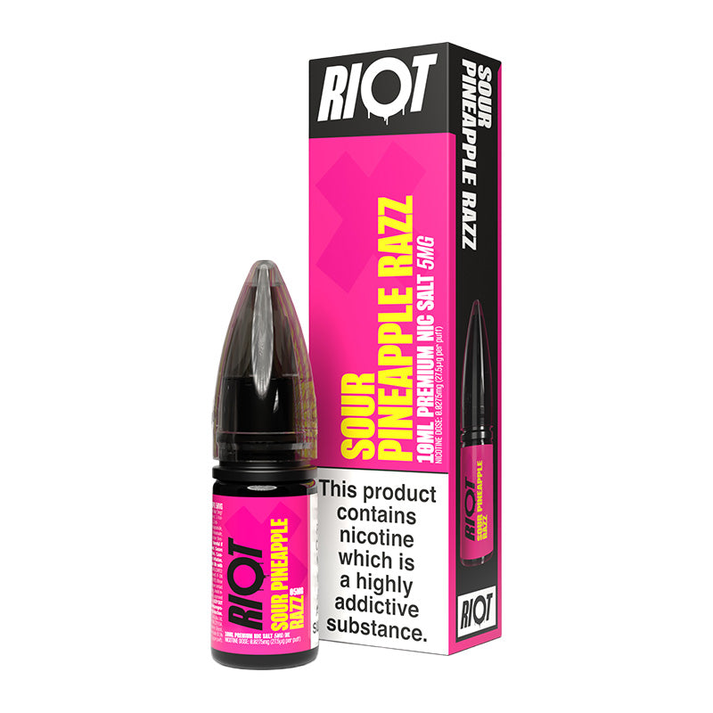 A 10ml bottle of Riot X Sour Pineapple Razz 5mg  e-liquid next to its retail packaging box, both featuring a pink and black design with a prominent nicotine warning label.