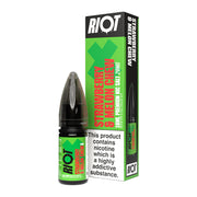 A 10ml bottle of Riot X Strawberry & Melon Chew 20mg e-liquid next to its retail packaging box, both featuring a green and black design with a prominent nicotine warning label.