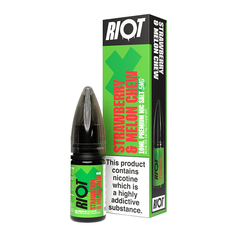 A 10ml bottle of Riot X Strawberry & Melon Chew 5mg e-liquid next to its retail packaging box, both featuring a green and black design with a prominent nicotine warning label.