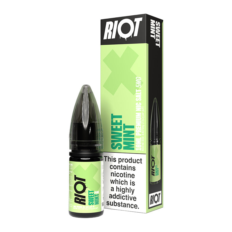 A 10ml bottle of Riot X Sweet Mint 5mg  e-liquid next to its retail packaging box, both featuring a green and black design with a prominent nicotine warning label.