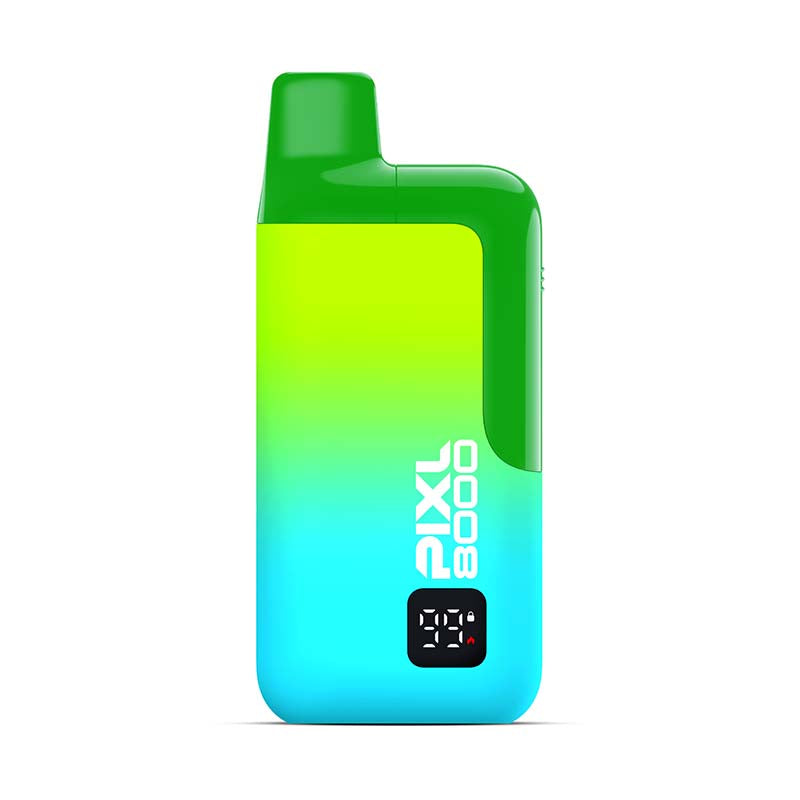 Gradient green to blue device with 'PIXL 8000' branding on a white background