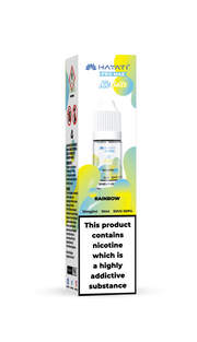 Hayat e-liquid packaging with nicotine warning label on a white background rainbow
