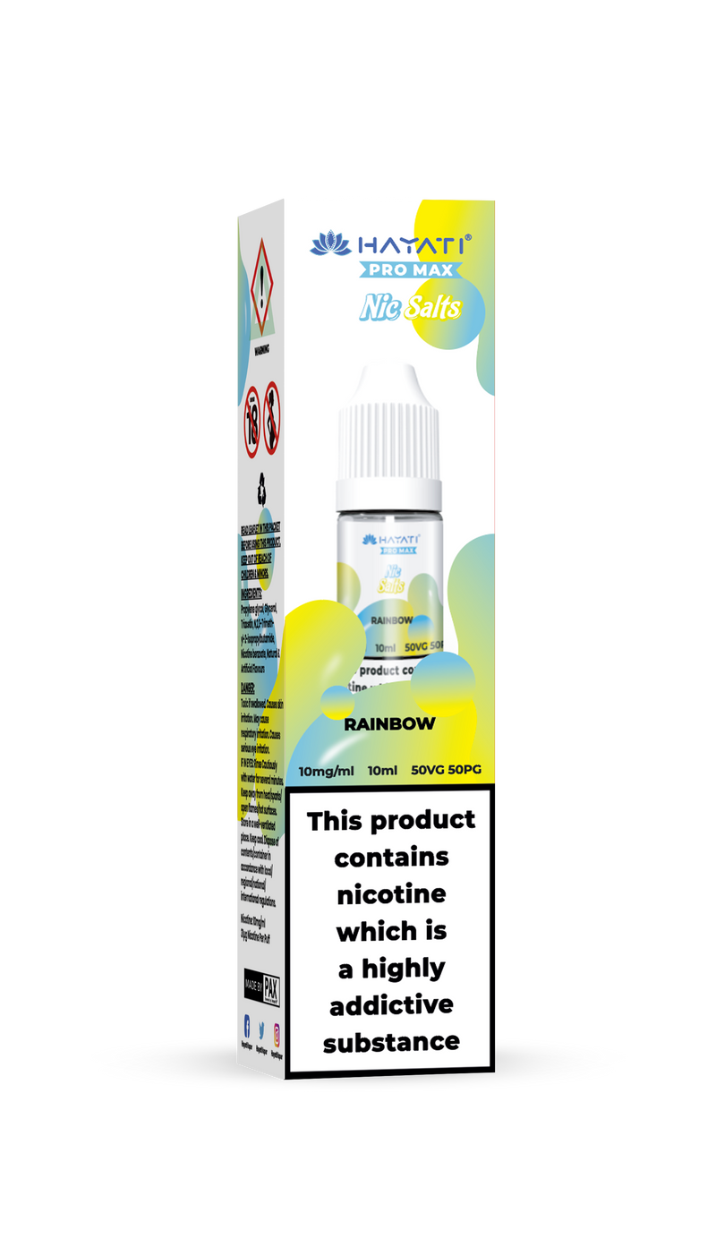 Hayat e-liquid packaging with nicotine warning label on a white background rainbow