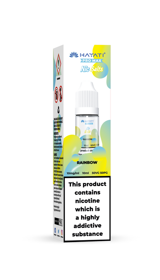 Hayat e-liquid packaging with nicotine warning label on a white background rainbow