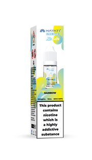Hayati rainbow flavour e-liquid packaging with nicotine warning label on a white background