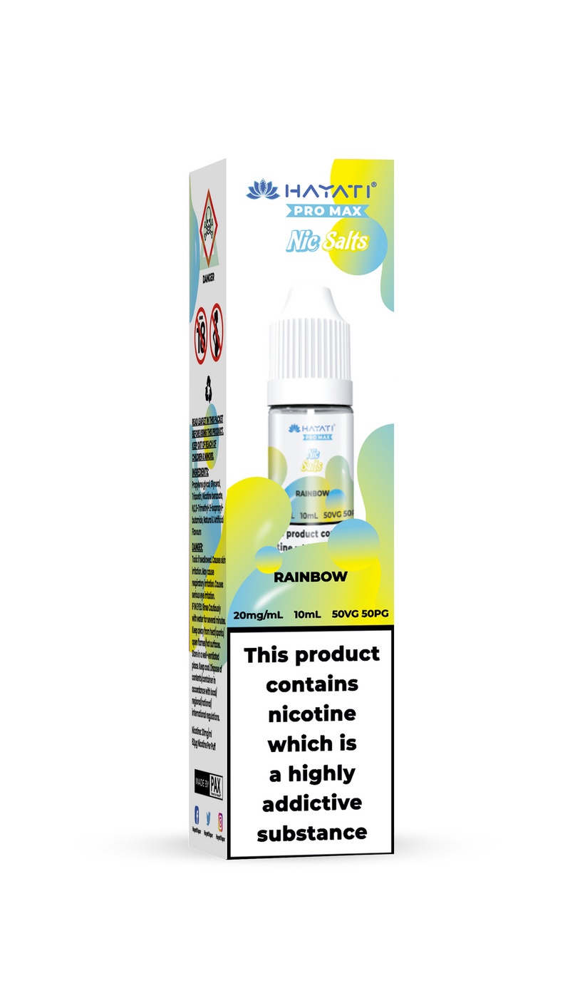 Hayati rainbow flavour e-liquid packaging with nicotine warning label on a white background