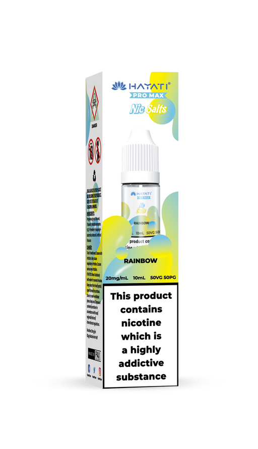 Hayati rainbow flavour e-liquid packaging with nicotine warning label on a white background