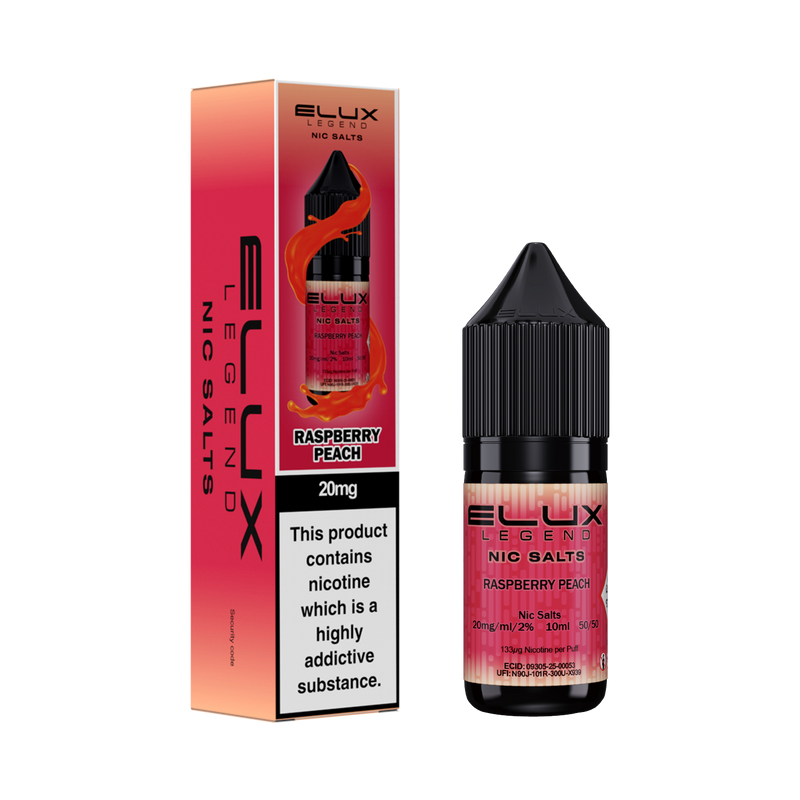 Ellux Legend Nic Salts Raspberry Peach e-liquid bottle and packaging on a white background