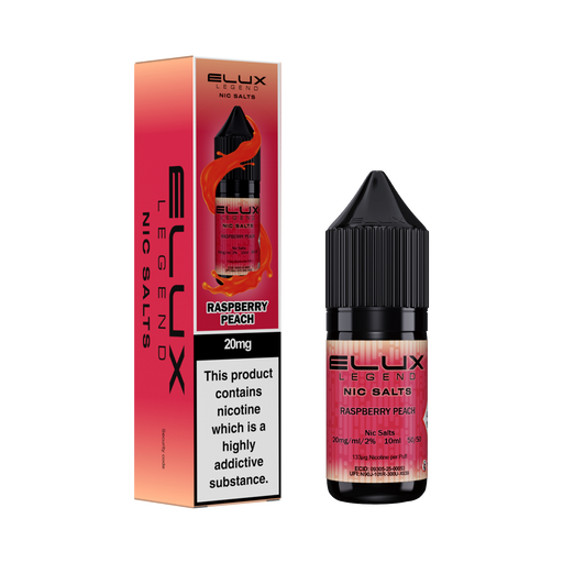 Ellux Legend Nic Salts Raspberry Peach e-liquid bottle and packaging on a white background