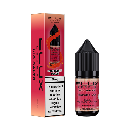 Ellux Legend Nic Salts Raspberry Peach e-liquid bottle and packaging on a white background