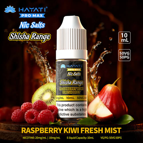 Hayati Pro Max Nic Salts Shisha Range Raspberry Kiwi Fresh Mist e-liquid bottle with fruits on a dark background