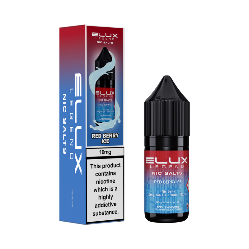 Ellux Legend Nic Salts Red Berry Ice vape juice bottle and packaging on a white background