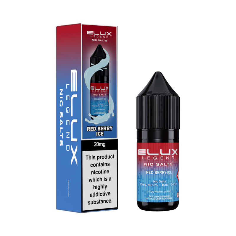 Ellux Legend Nic Salts Red Berry Ice vape juice bottle and packaging on a white background