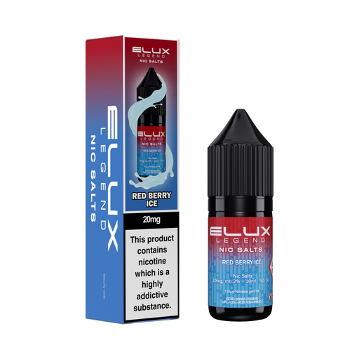 Ellux Legend Nic Salts Red Berry Ice vape juice bottle and packaging on a white background