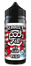 Vape juice bottle with red, white, and blue design on a black background