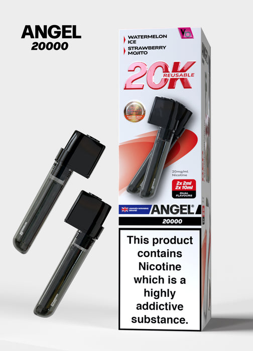 Red Edition Packaging of Angel 20000 vape devices with nicotine warning label on a white background
