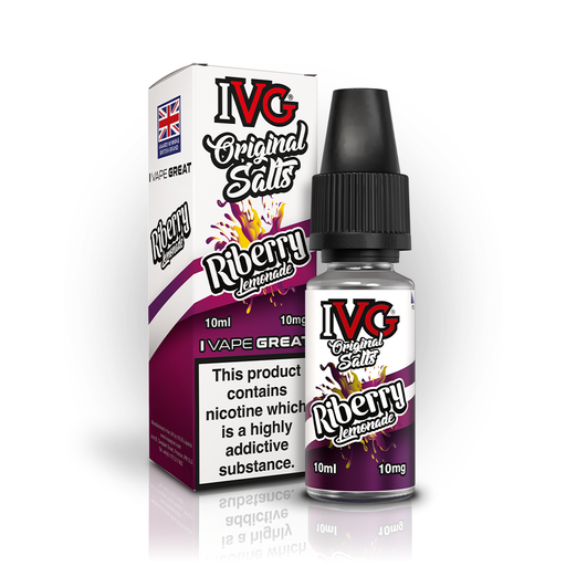 A 10ml bottle of IVG Original Salts Riberry Lemonade 10mg  e-liquid next to its retail packaging box, both featuring a white and purple design with a prominent nicotine warning label.