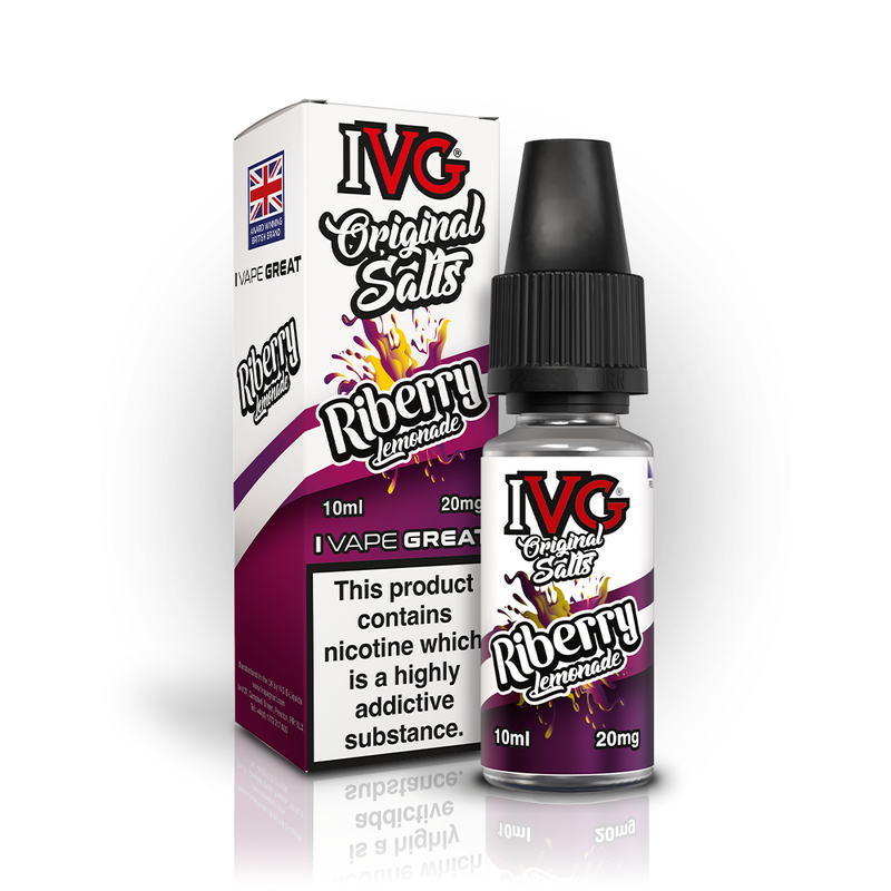 A 10ml bottle of IVG Original Salts Riberry Lemonade 20mg  e-liquid next to its retail packaging box, both featuring a white and purple design with a prominent nicotine warning label.