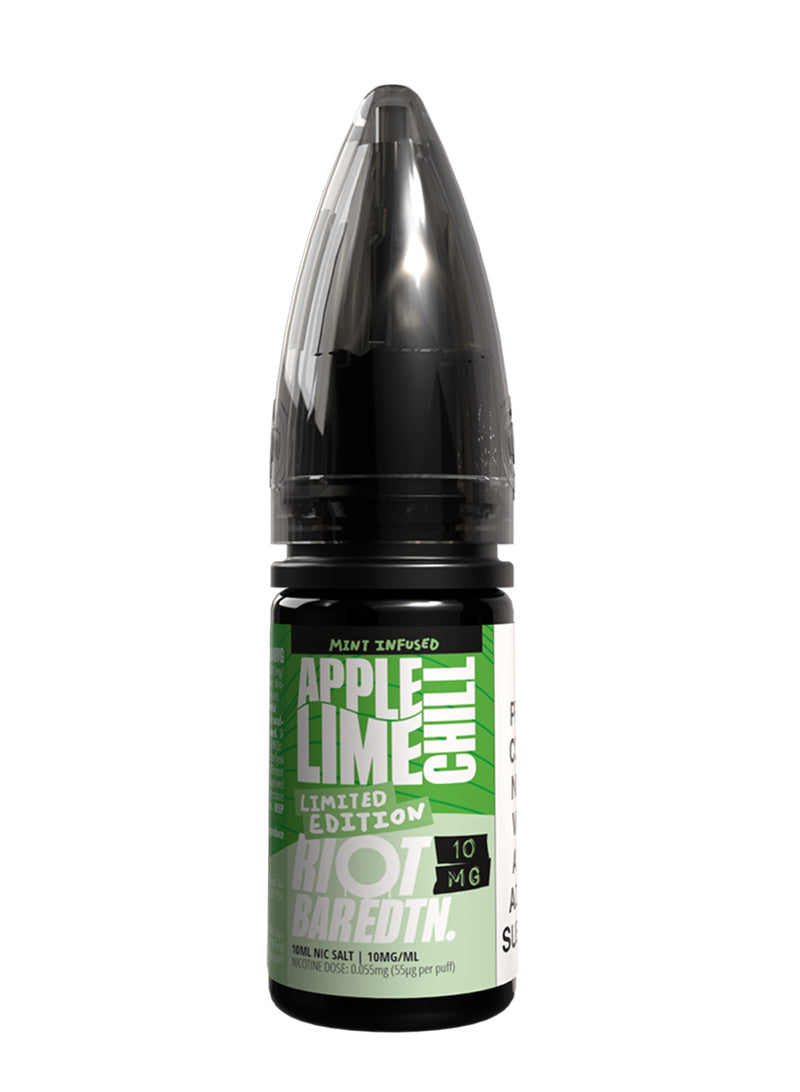 A 10ml bottle of Riot Bar Edtn Nic Salt, apple lime chill flavour e-liquid, featuring a green and black design