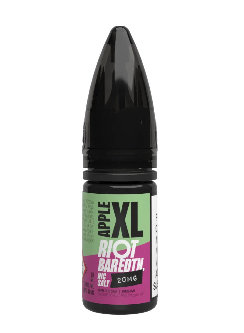 A 10ml bottle of Riot Bar Edtn Nic Salt, apple XL flavour e-liquid, featuring a green, purple and black design