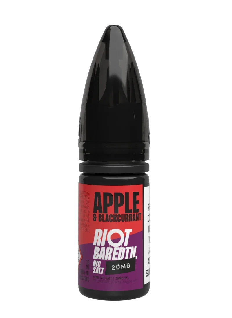 A 10ml bottle of Riot Bar Edtn Nic Salt, apple & blackcurrant flavour e-liquid, featuring a red, purple and black design