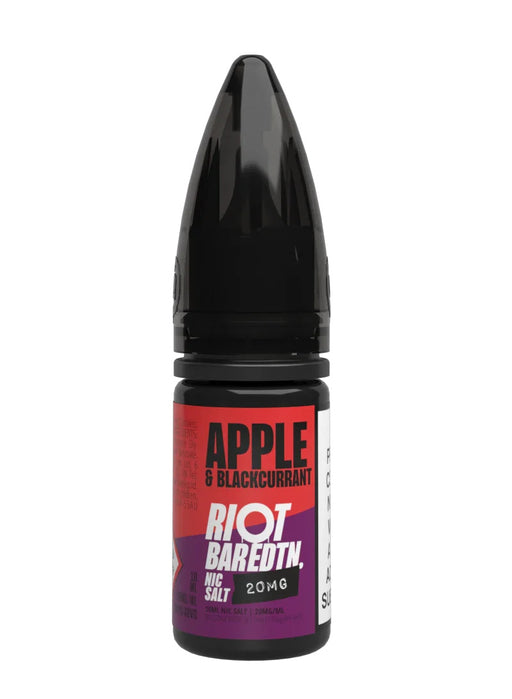 A 10ml bottle of Riot Bar Edtn Nic Salt, apple & blackcurrant flavour e-liquid, featuring a red, purple and black design