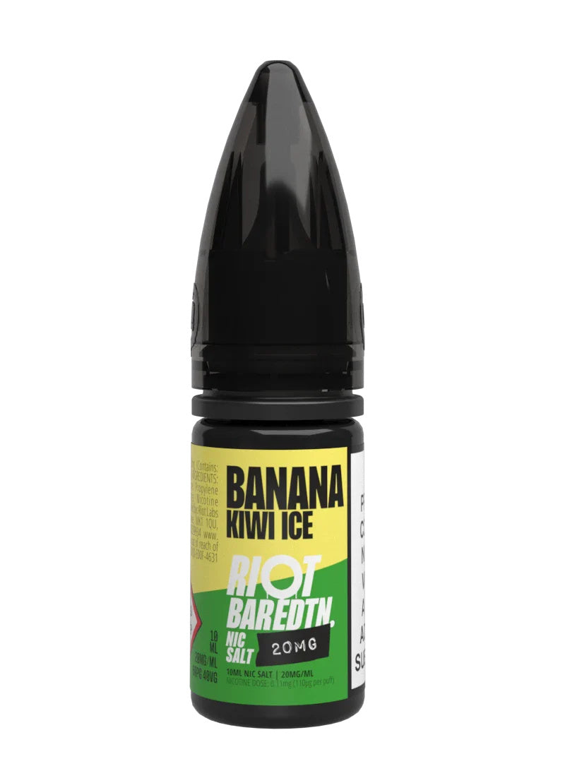 A 10ml bottle of Riot Bar Edtn Nic Salt, banana kiwi ice flavour e-liquid, featuring a yellow, green and black design