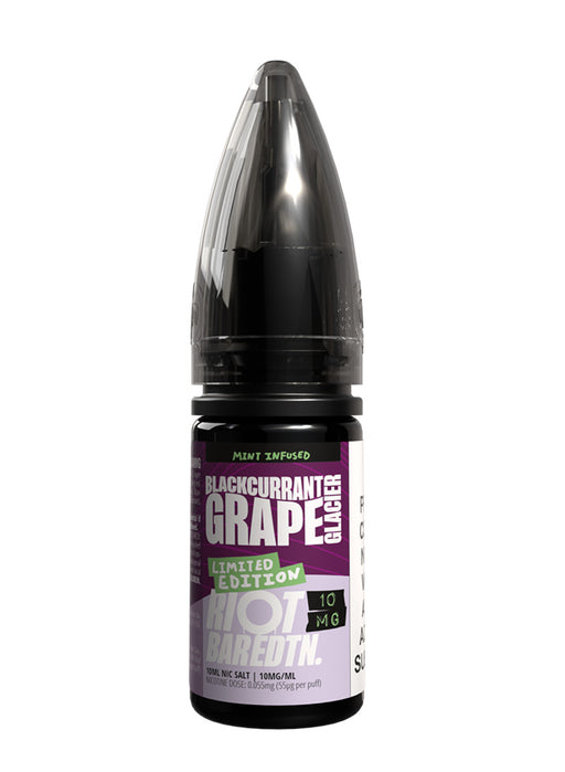 A 10ml bottle of Riot Bar Edtn Nic Salt, blackcurrant grape glacier flavour e-liquid, featuring a purple and black design