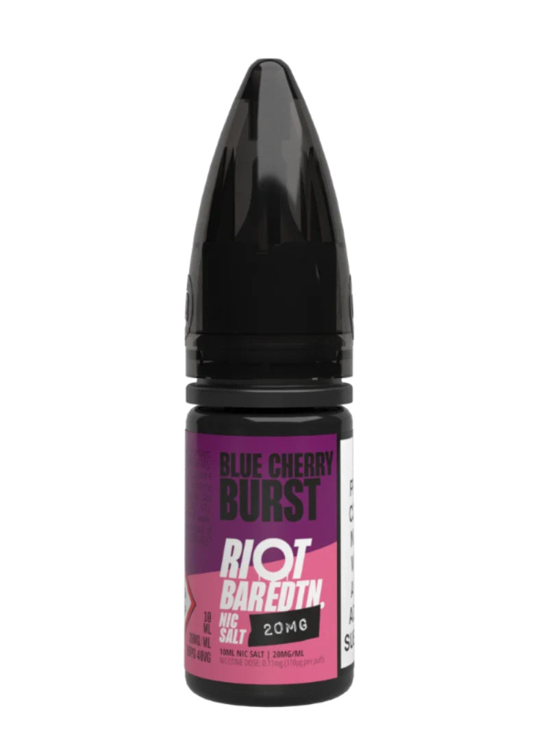 A 10ml bottle of Riot Bar Edtn Nic Salt, blue cherry burst flavour e-liquid, featuring a purple, pink and black design