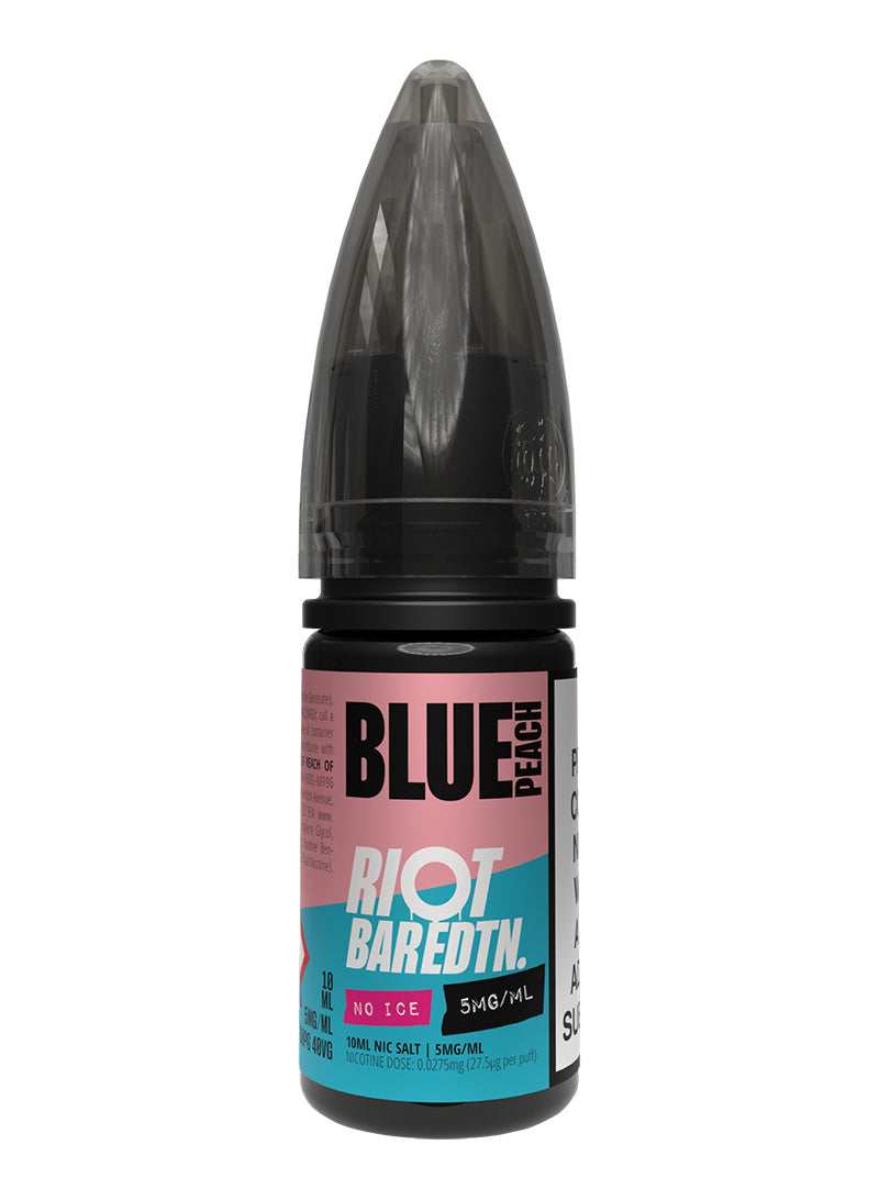 A 10ml bottle of Riot Bar Edtn Nic Salt, blue peach flavour e-liquid, featuring a pink, cyan and black design