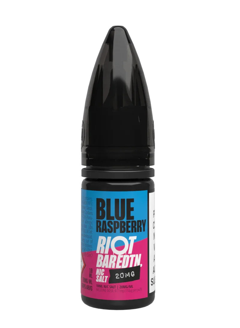 A 10ml bottle of Riot Bar Edtn Nic Salt, blue raspberry flavour e-liquid, featuring a cyan, pink and black design