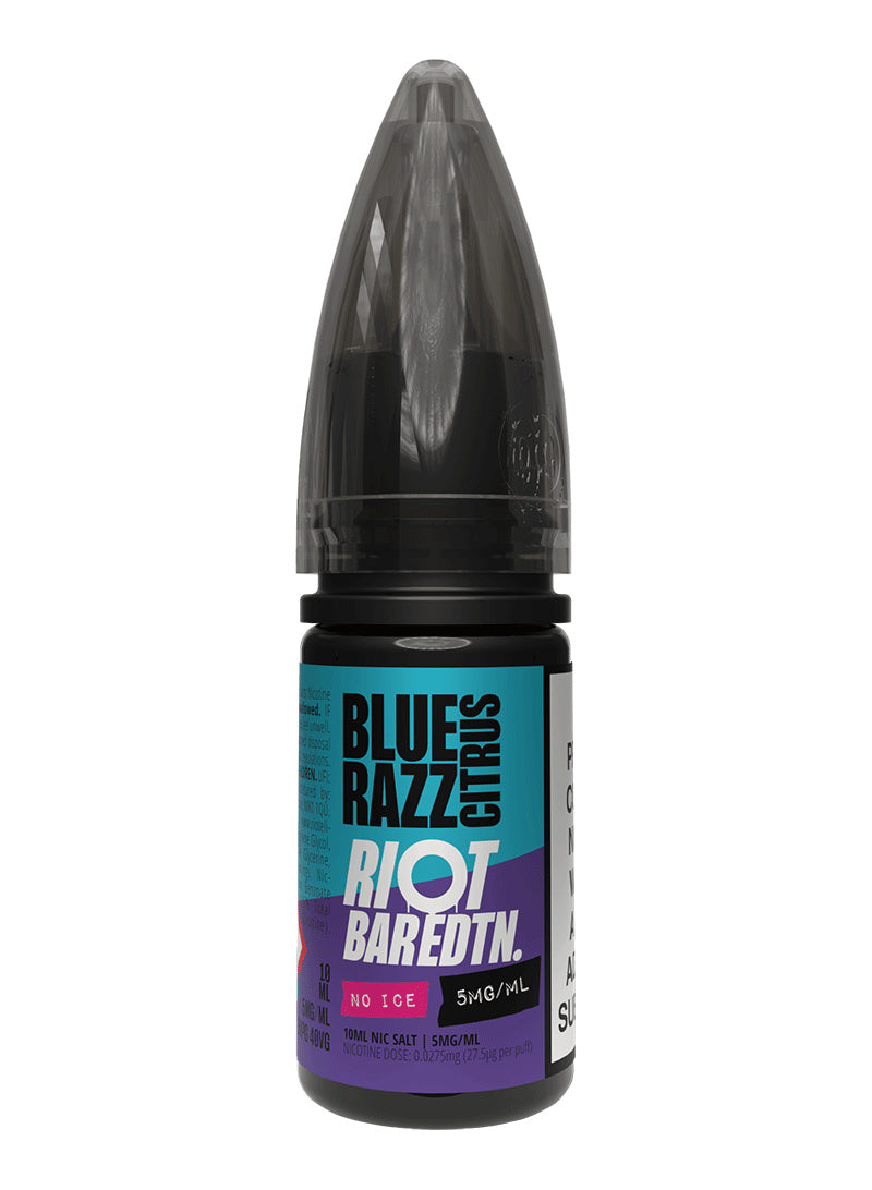 A 10ml bottle of Riot Bar Edtn Nic Salt, blue razz citrus flavour e-liquid, featuring a cyan, purple and black design