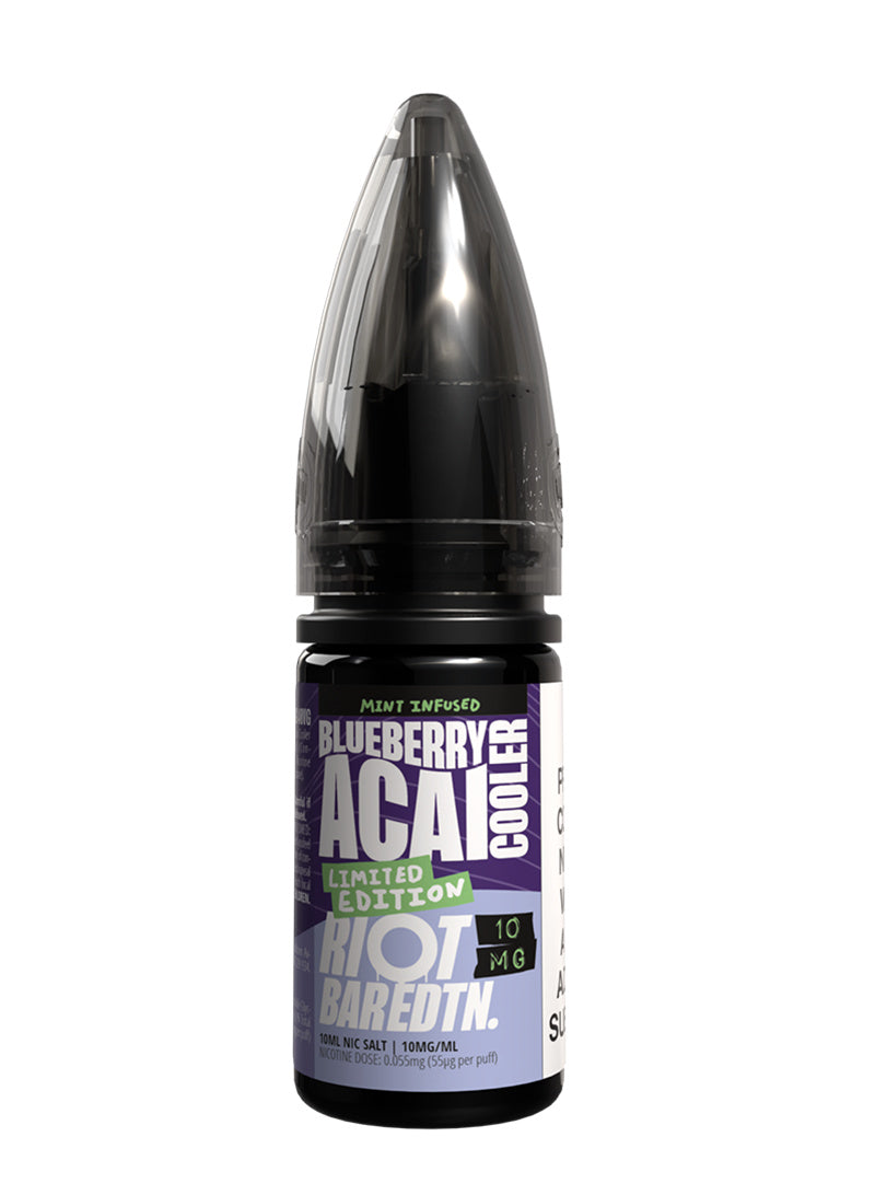 A 10ml bottle of Riot Bar Edtn Nic Salt, blueberry acai cooler flavour e-liquid, featuring a purple and black design