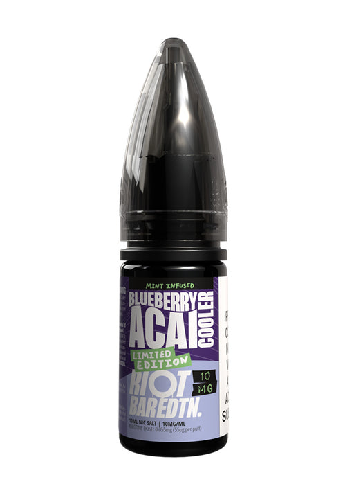 A 10ml bottle of Riot Bar Edtn Nic Salt, blueberry acai cooler flavour e-liquid, featuring a purple and black design