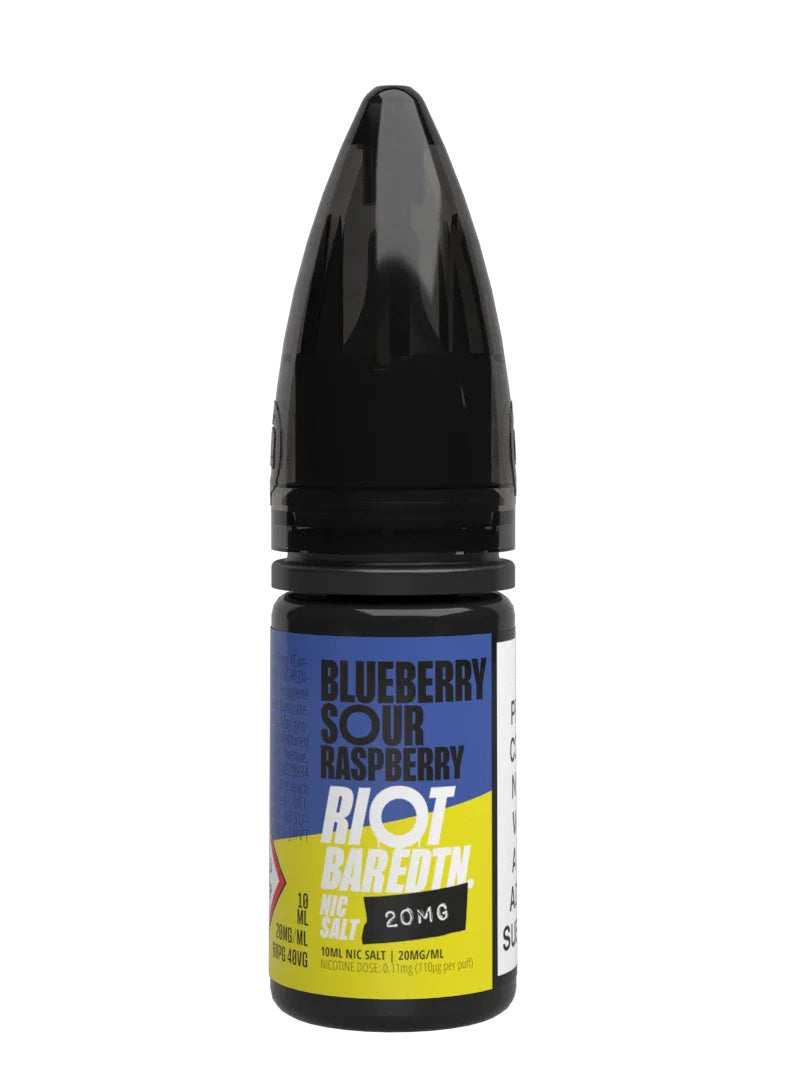 A 10ml bottle of Riot Bar Edtn Nic Salt, blueberry sour raspberry flavour e-liquid, featuring a yellow, blue and black design